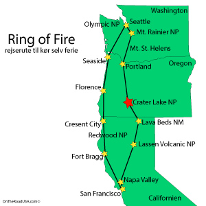 Kort,Rejserute,Crater Lake NP,Ring of Fire